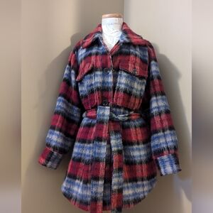 Lane Bryant Plus Red Blue Plaid Belted Coat Jacket Faux Wool 14 16
